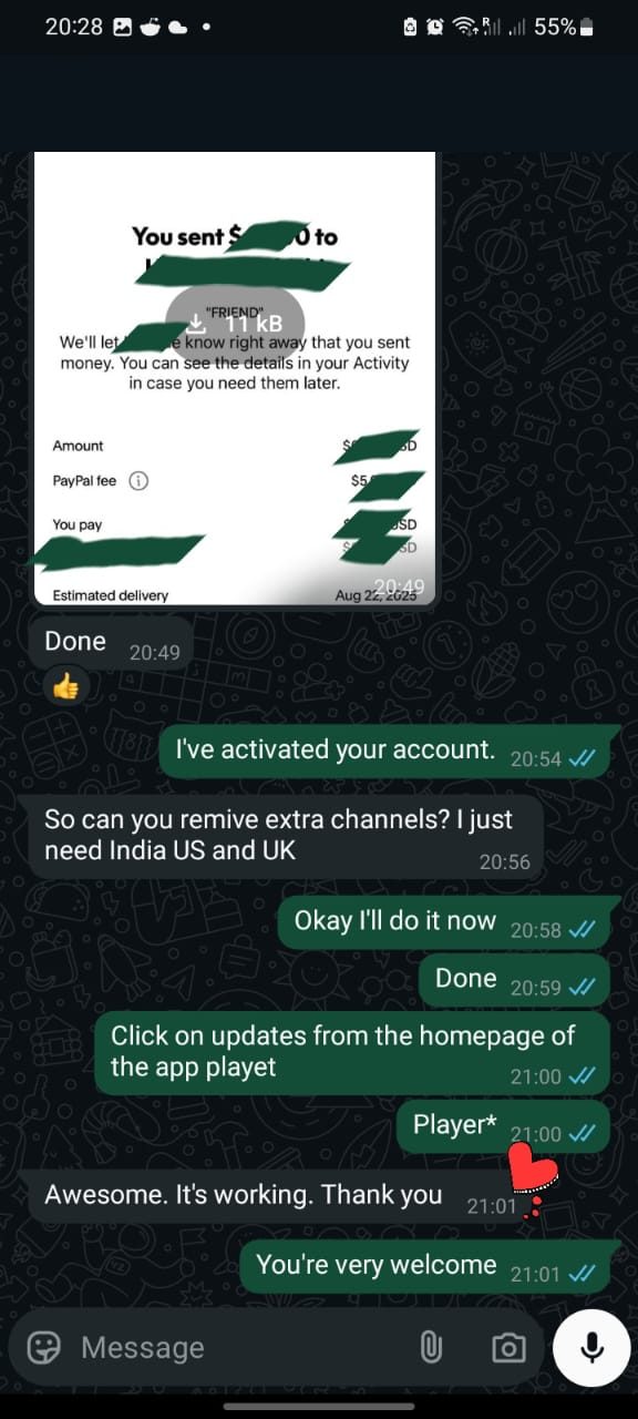GTAIPTV customer confirms the service is working and thanks support